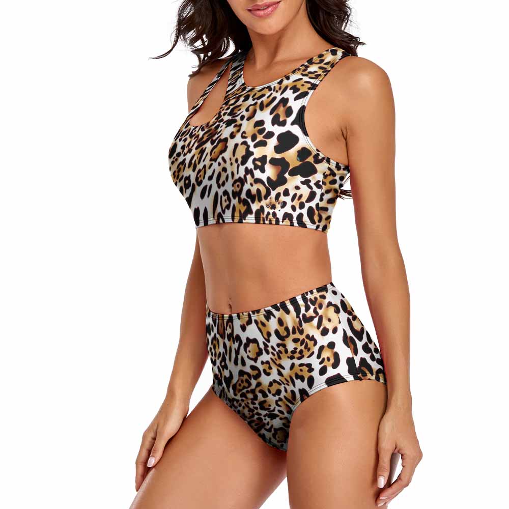 High-waisted leopard print split swimsuit, showcasing a stylish and sexy design.