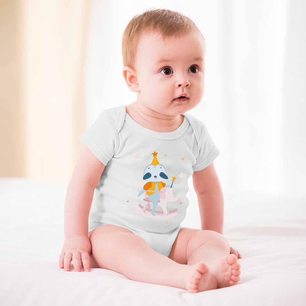 Baby wearing white cotton short-sleeve bodysuit with cartoon design, perfect for 3-24 months.