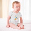 Baby wearing white cotton short-sleeve bodysuit with cartoon design, perfect for 3-24 months.