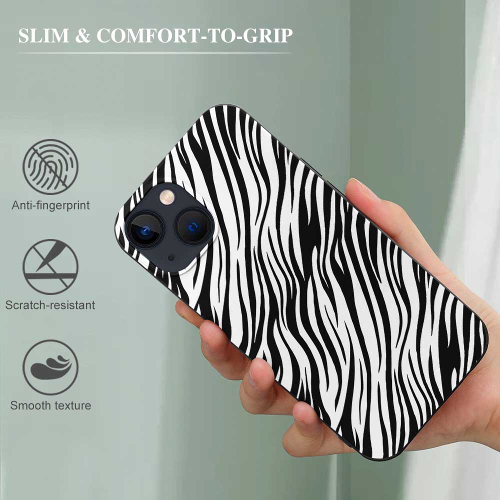 iPhone 13 phone case with zebra print design, TPU, scratch-resistant and wireless charging compatible