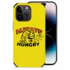 Yellow iPhone 14 fiber skin case featuring 'ALWAYS HUNGRY' graphic, scratch-resistant