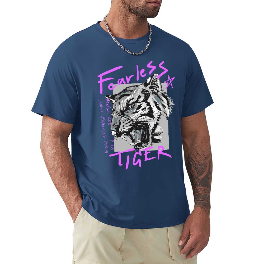 Men's dark blue 100% cotton 'Fearless Tiger' graphic T-shirt, front and back view, collection