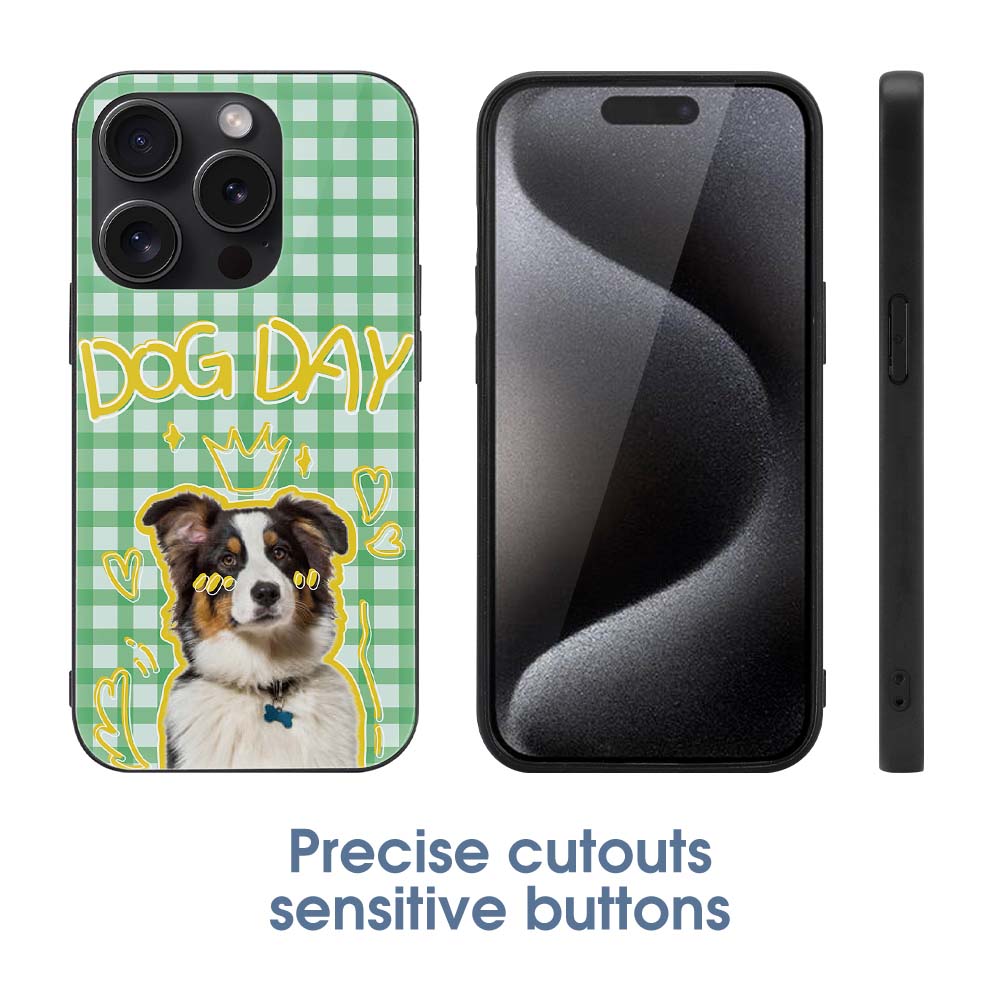 iPhone 15 Dog Case with "DOG DAY" text, Green Gingham, Glass+TPU Protection.