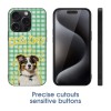 iPhone 15 Dog Case with "DOG DAY" text, Green Gingham, Glass+TPU Protection.