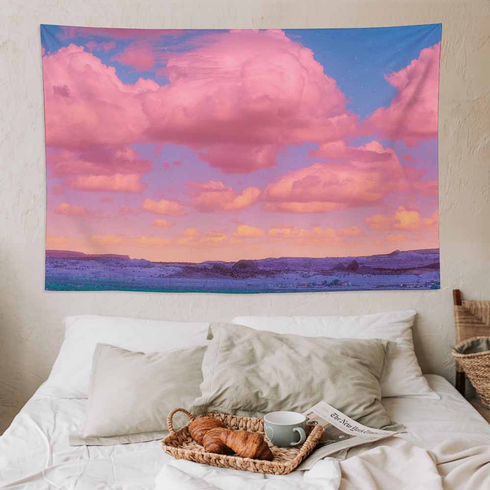 Pink cloud tapestry wall hanging on bed, polyester fabric, room decor