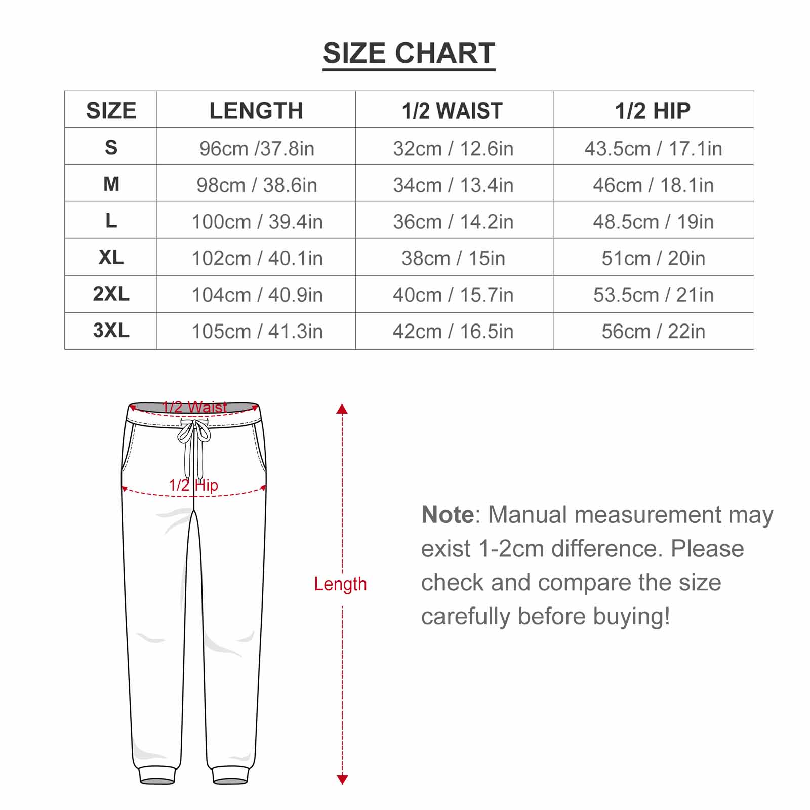 Women's sweatpants size chart, including length, waist, and hip measurements in cm/in, polyester fabric.