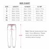 Women's sweatpants size chart, including length, waist, and hip measurements in cm/in, polyester fabric.