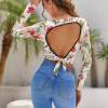 Floral print open back t-shirt, polyester spandex blend, tie back, casual wear
