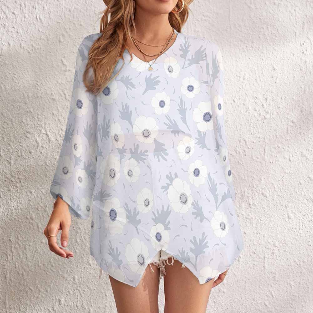 Floral print chiffon long sleeve shirt, sun protection, casual wear for women