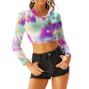 Women's long sleeve round neck crop top, featuring a tie-dye design in shades of purple, green, and white.