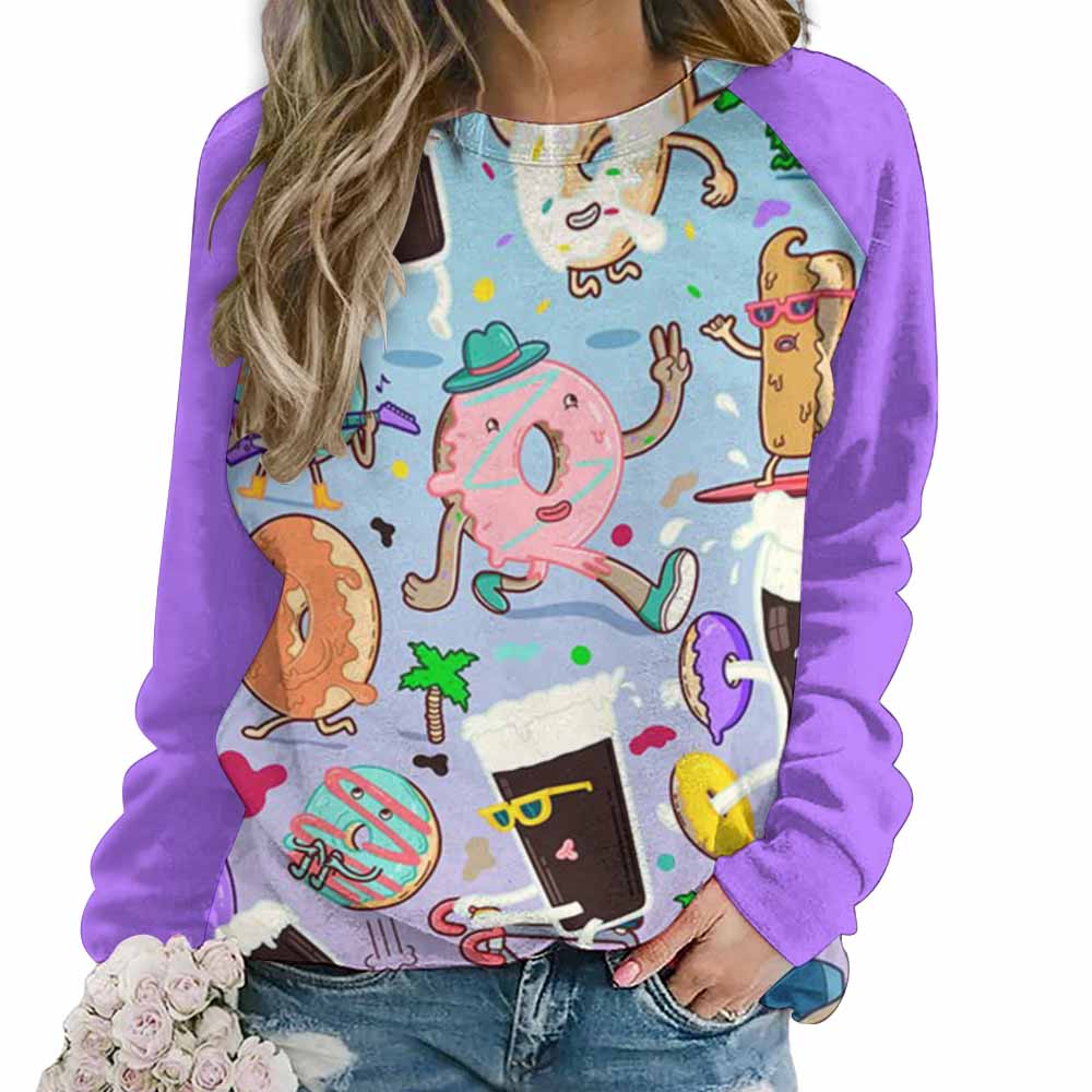 Raglan round neck sweater with vibrant cartoon donut print and purple sleeves. Comfortable polyester-cotton blend.