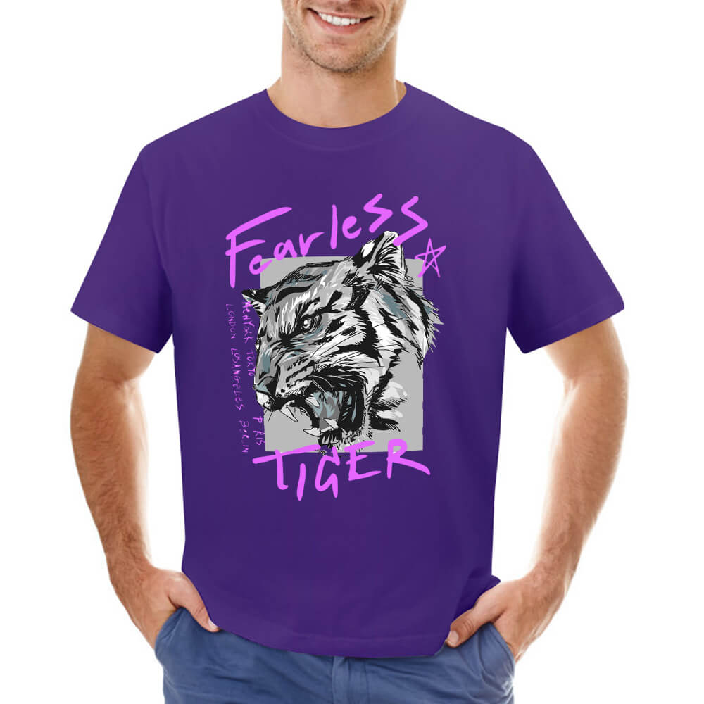 Purple cotton men's T-shirt featuring 'Fearless Tiger' graphic print, collection