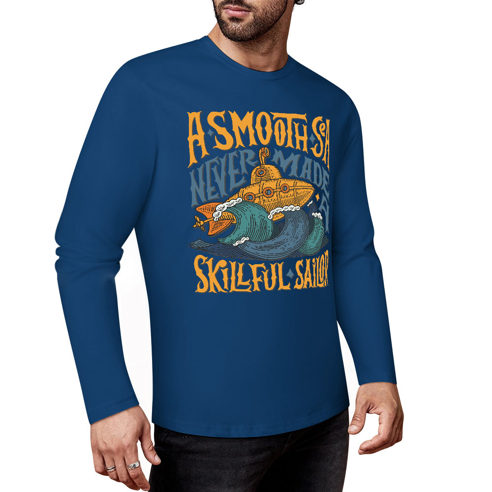 Blue pure cotton long-sleeved T-shirt with ASMODUS Shark Attack graphic for casual wear.