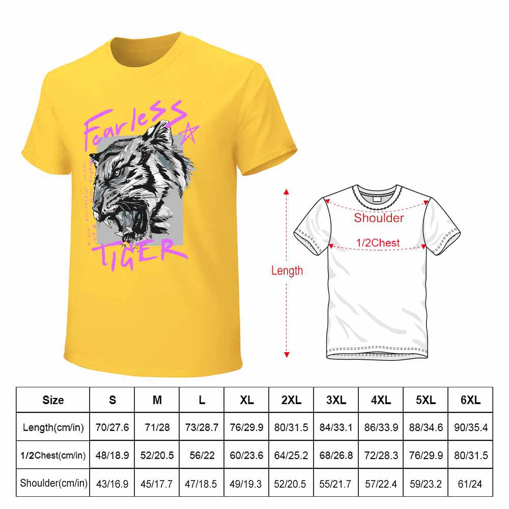 Yellow cotton Fearless Tiger men's T-shirt, front and back print, size chart included.