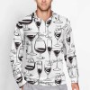 White zipper POLO shirt with black wine glass pattern. Made of imitation cotton, perfect for casual wear.