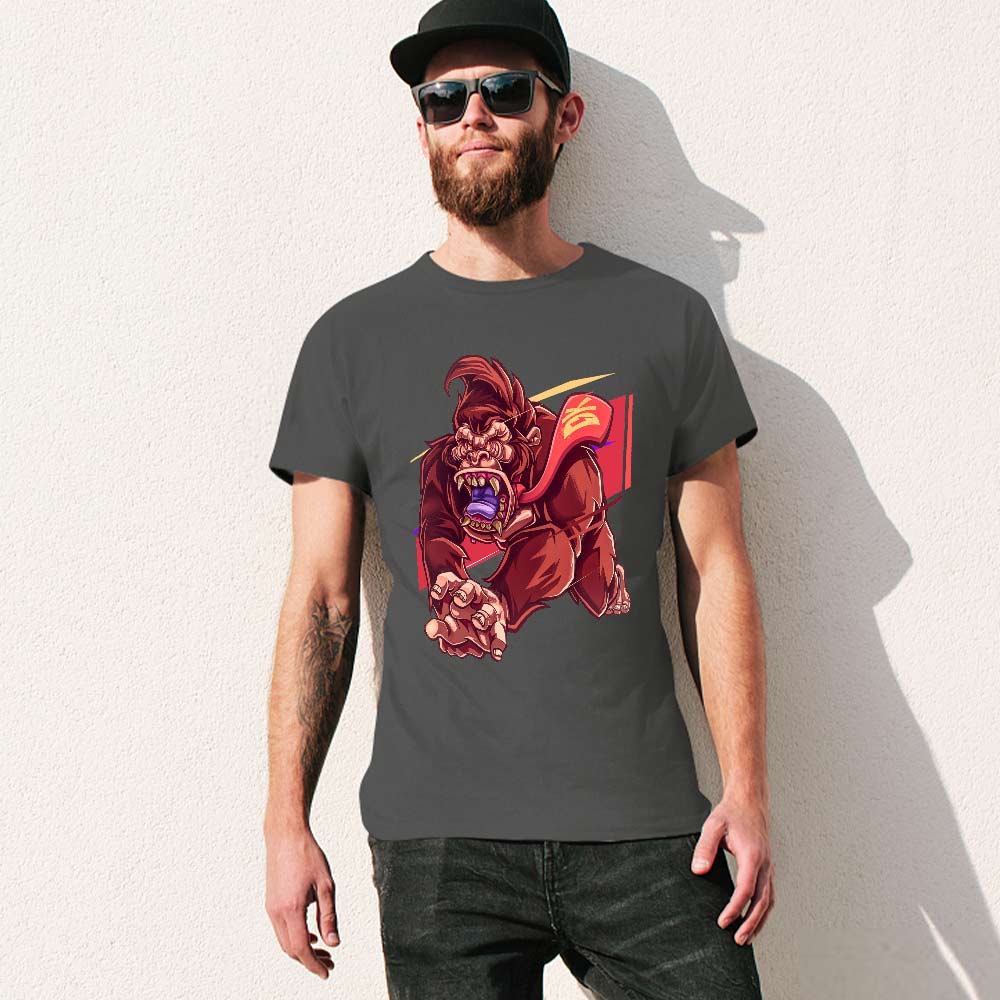 Men's charcoal cotton T-shirt with red monster graphic print
