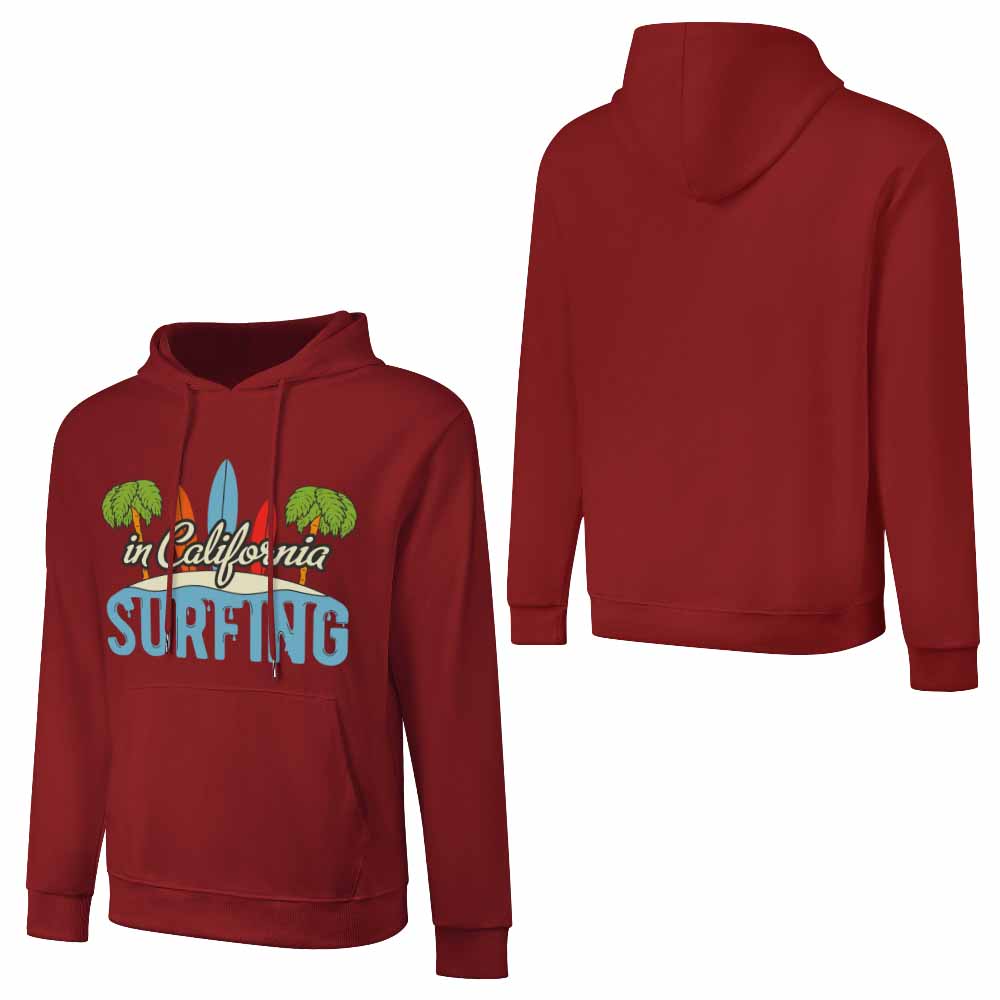 Red cotton California Surfing hoodie, loose fit, for daily wear.