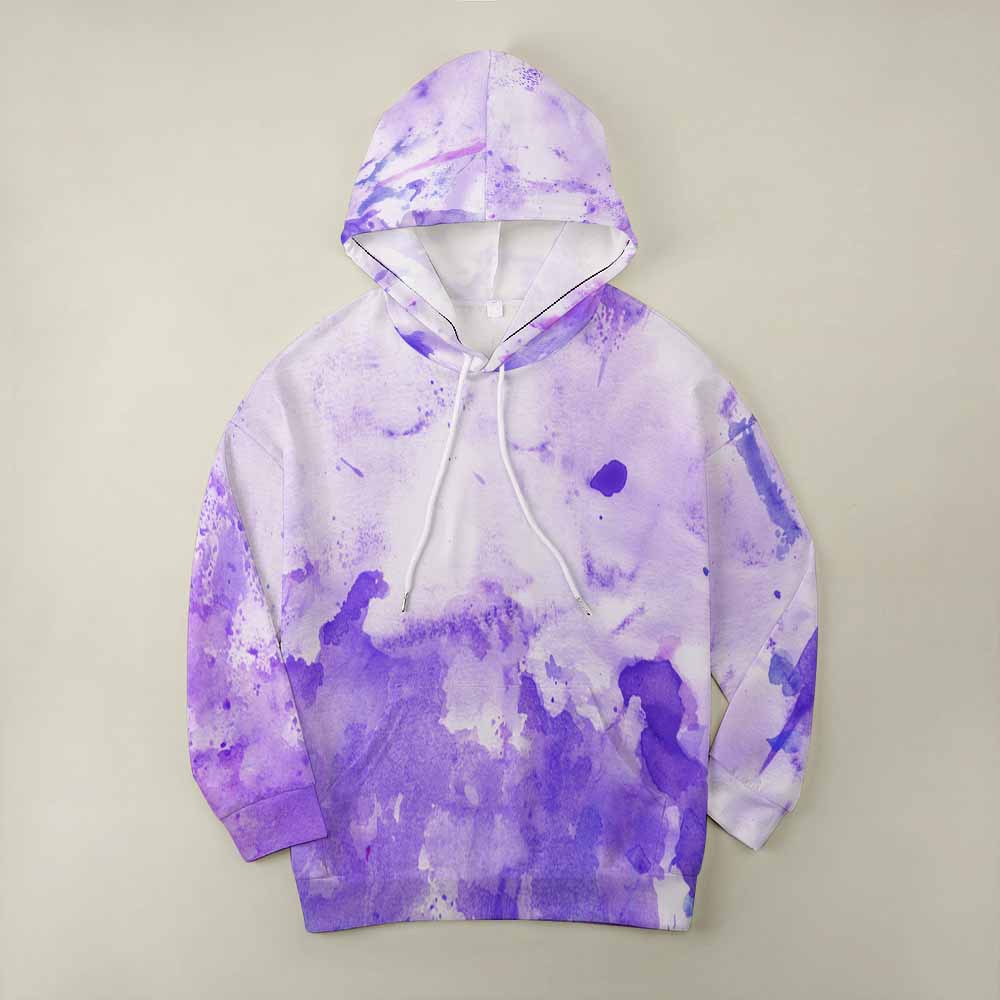 Purple watercolor dropped sleeve hoodie, comfortable fit for casual wear.
