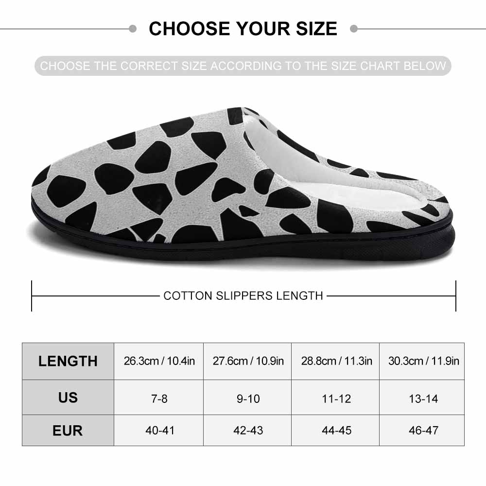 Cotton slippers size chart. White and black spotted indoor slippers with rubber sole, size information displayed.