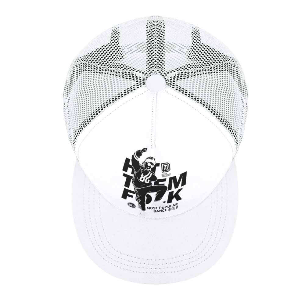 White baseball cap with mesh back and graphic, breathable for sports. Flat brim, unisex.