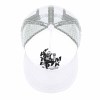 White baseball cap with mesh back and graphic, breathable for sports. Flat brim, unisex.