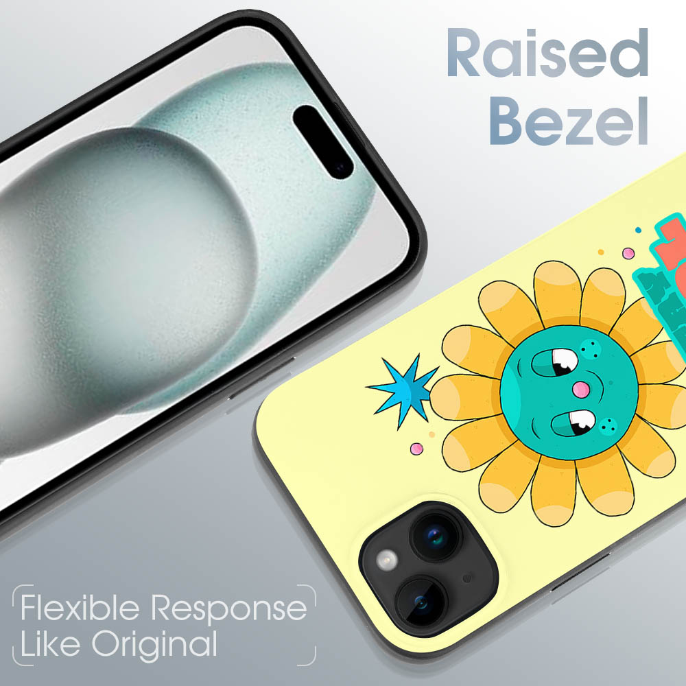 iPhone 15 series case with sunflower design, TPU, raised bezel, shockproof protection, flexible response like original