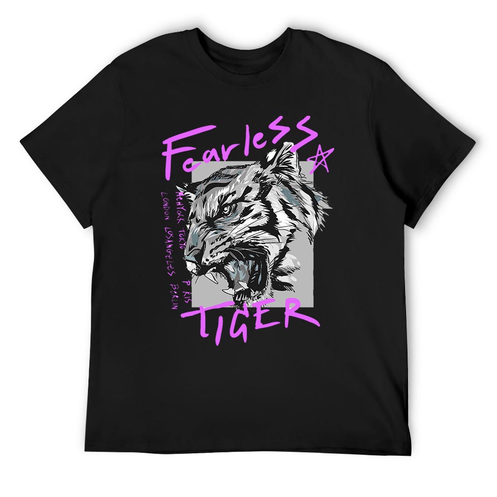 Men's black cotton Fearless Tiger T-shirt, collection, front view.