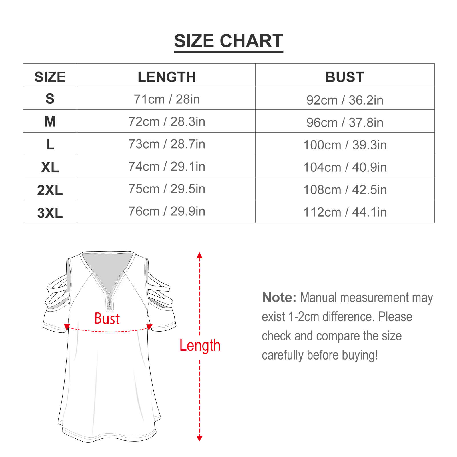 Size chart for Ladies BE Zip Off Shoulder Top, including bust, length, and size details in cm and inches.