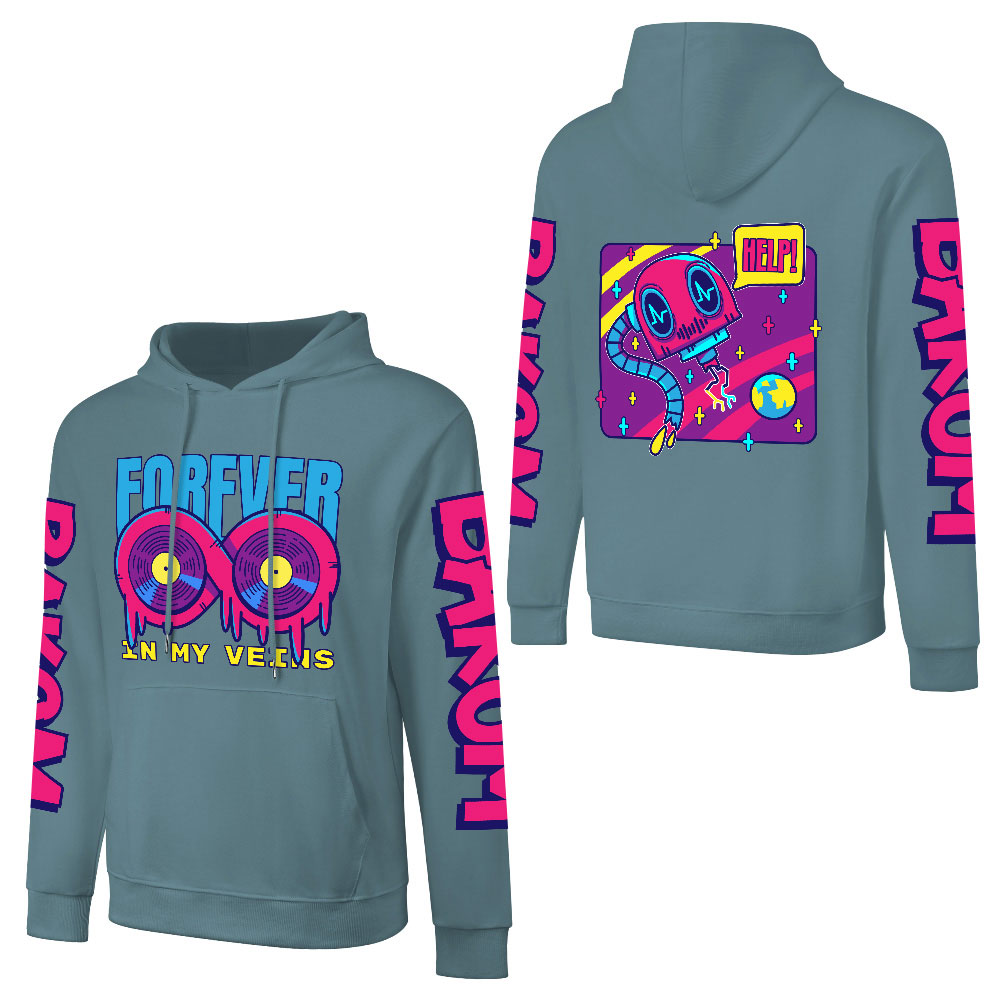 Turquoise cotton FOREVER 99 hooded sweater with donut graphic and sleeve prints, youth fashion style