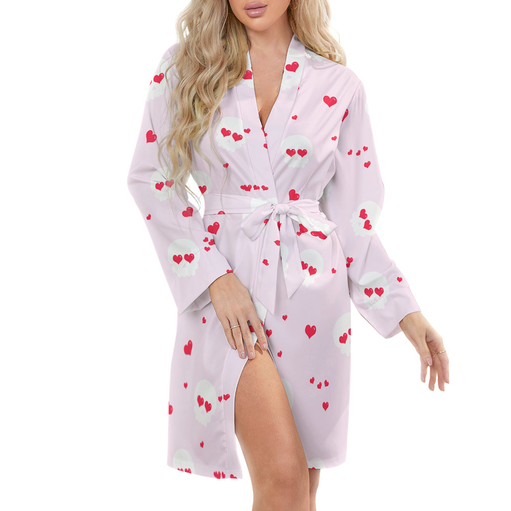 White cherry print long sleeve belted robe, 100% polyester, comfortable and sexy for home wear.