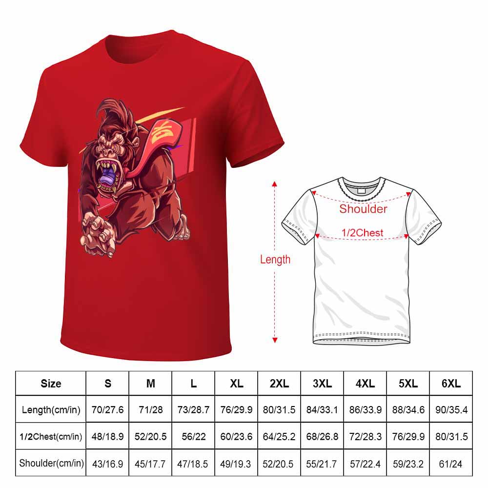 Red cotton men's t-shirt with red monster graphic and size chart | Inkedjoy
