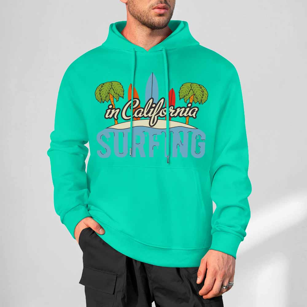 Green cotton hoodie with CALIFORNIA SURFING graphic, loose fit, comfortable daily wear.