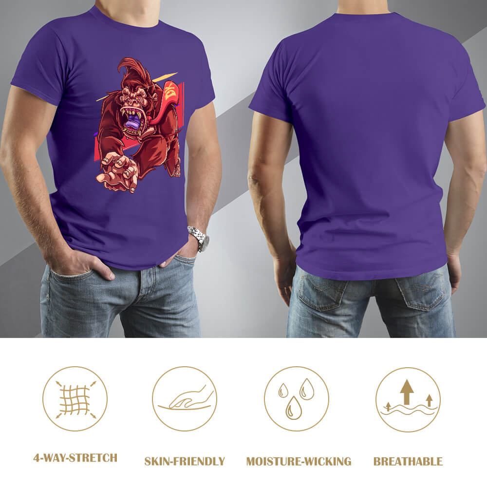 Purple cotton men's t-shirt with red monster graphic print, front and back view, Inkedjoy product