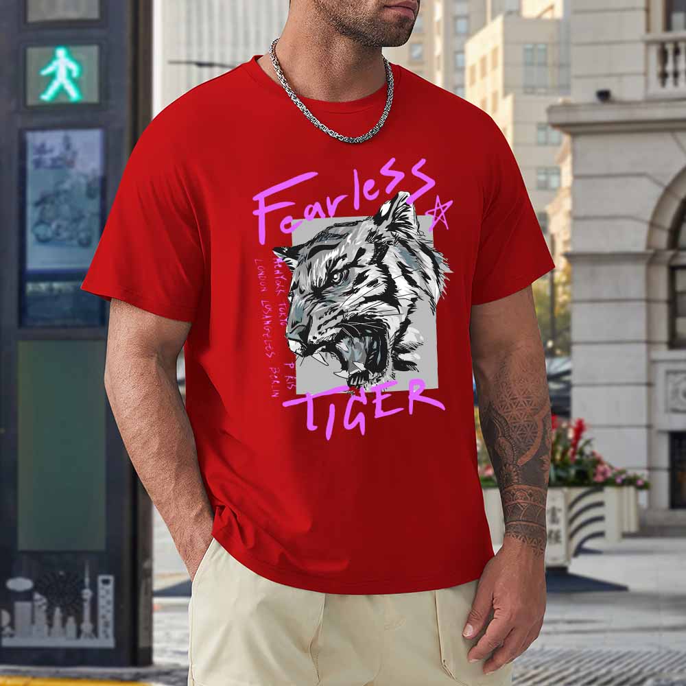 Red cotton Fearless Tiger T-shirt for men, graphic print, front view