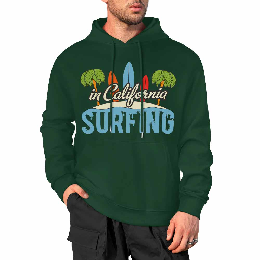 Green cotton hoodie with California Surfing graphic, loose fit design, suitable for daily wear.