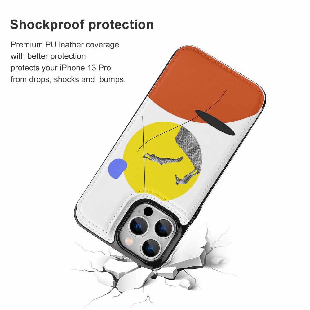iPhone 13 case with abstract art design, white with card slot, shockproof protection and "Dreamer" print.