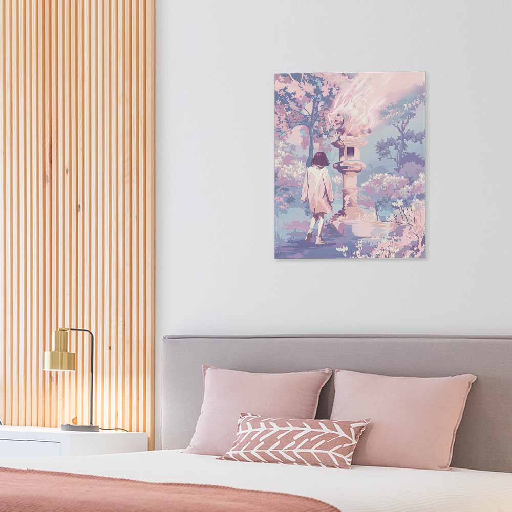 Framed canvas print art in bedroom, modern home decor, various sizes available.