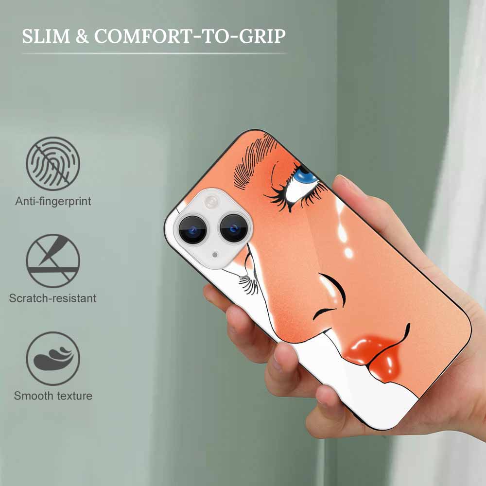 iPhone 13 case with face design, glass back, scratch-resistant, wireless charging compatible, Slim & Comfort-to-cover.