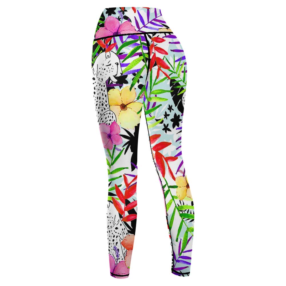 Floral print yoga pants for women, high-waisted, four-way stretch for sports.