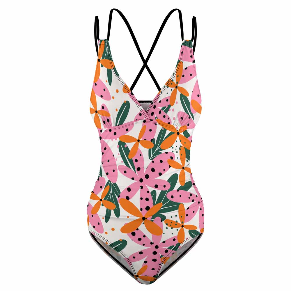 Floral one-piece swimsuit with double shoulder straps, perfect for summer beach wear.