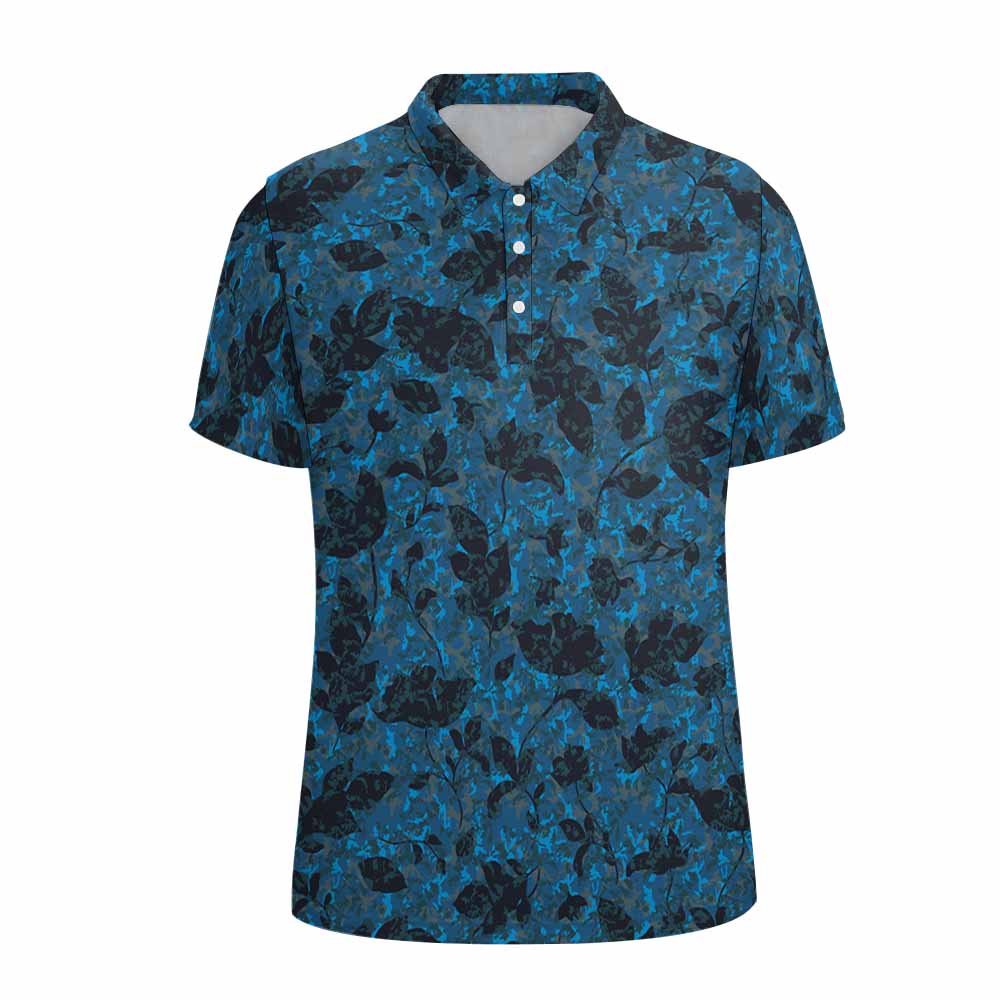 Mesh polo shirt with dark floral pattern, designed for golf and other outdoor activities.