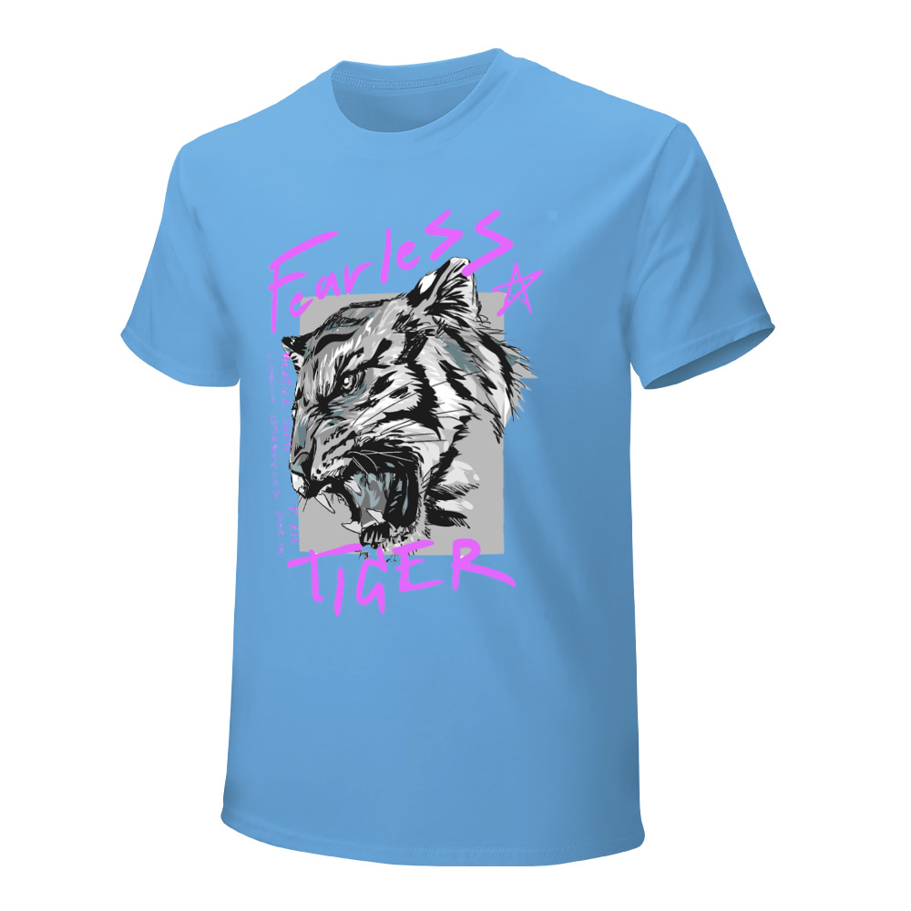 Men's light blue cotton 'Fearless Tiger' graphic T-shirt, front and back view,collection.