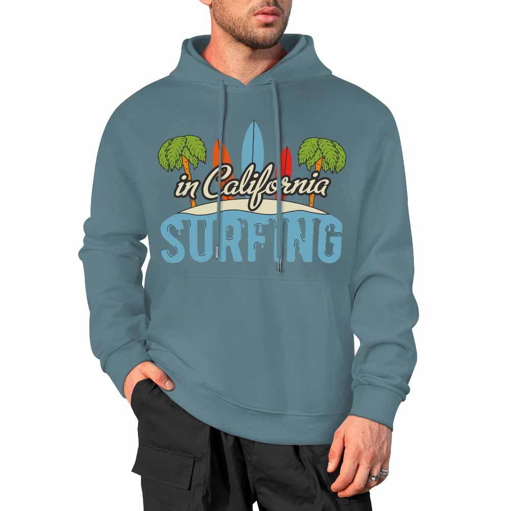 Blue cotton California Surfing hoodie, loose fit, multiple colors available, suitable for daily wear.