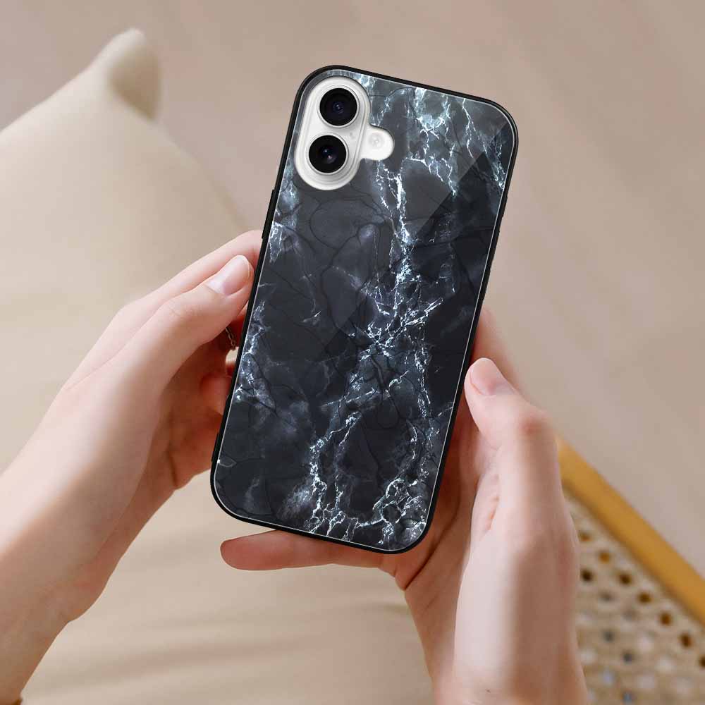 iPhone 16 series glass case with dark marble design, anti-scratch protection.