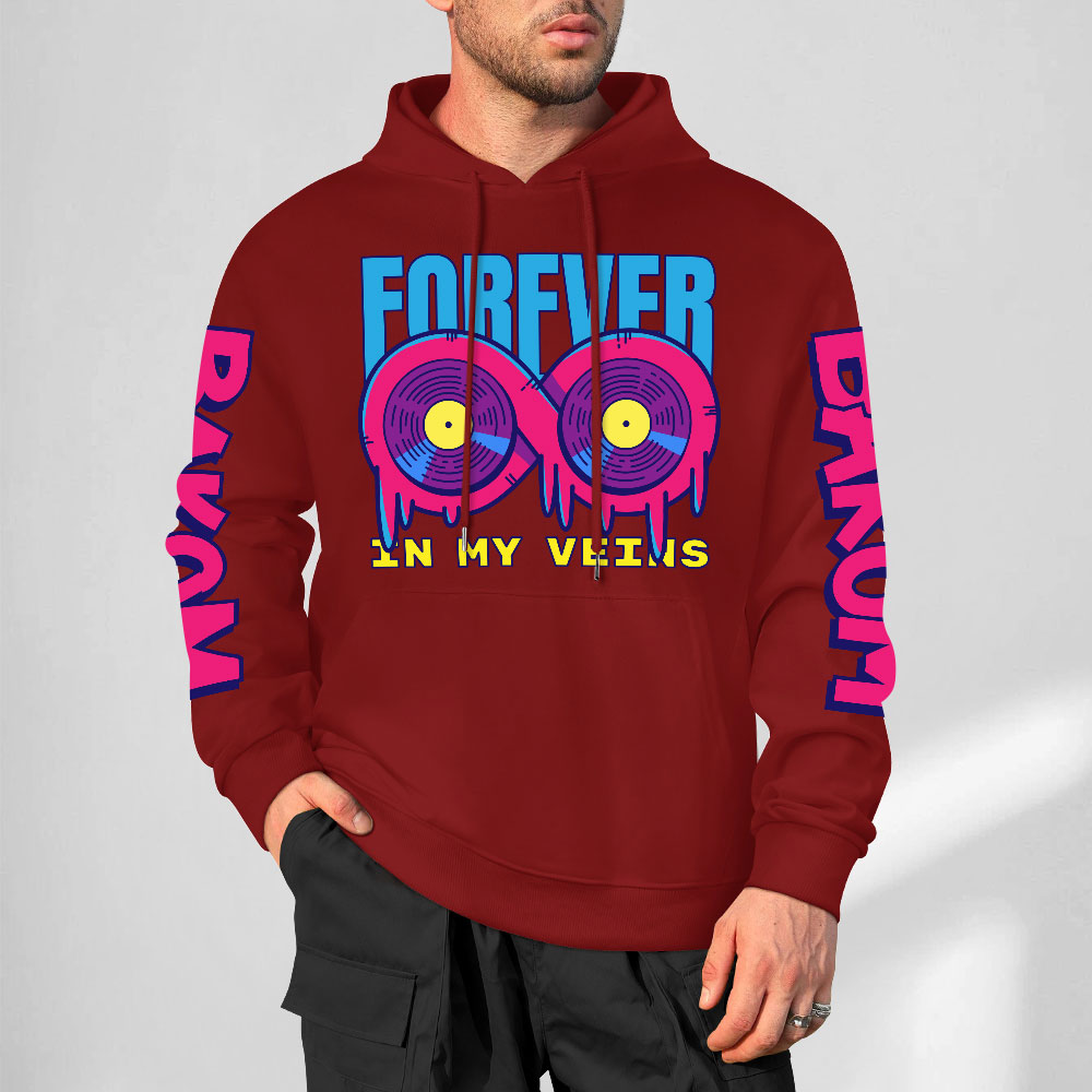 Red cotton FOREVER 99 hoodie with donut graphic and sleeve prints, youth fashion style.