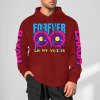 Red cotton FOREVER 99 hoodie with donut graphic and sleeve prints, youth fashion style.