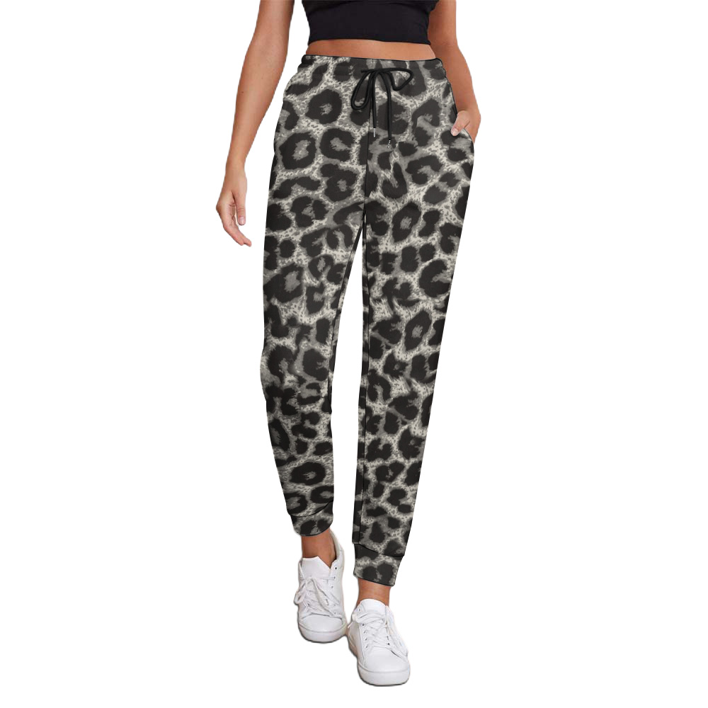 Women's leopard print sweatpants, featuring elastic waistband and pockets, perfect for casual wear.