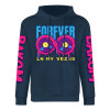 Navy blue cotton hoodie with 'FOREVER' donut graphic, 'DAKUM' and 'CHRONM' sleeve prints, youth fashion style.