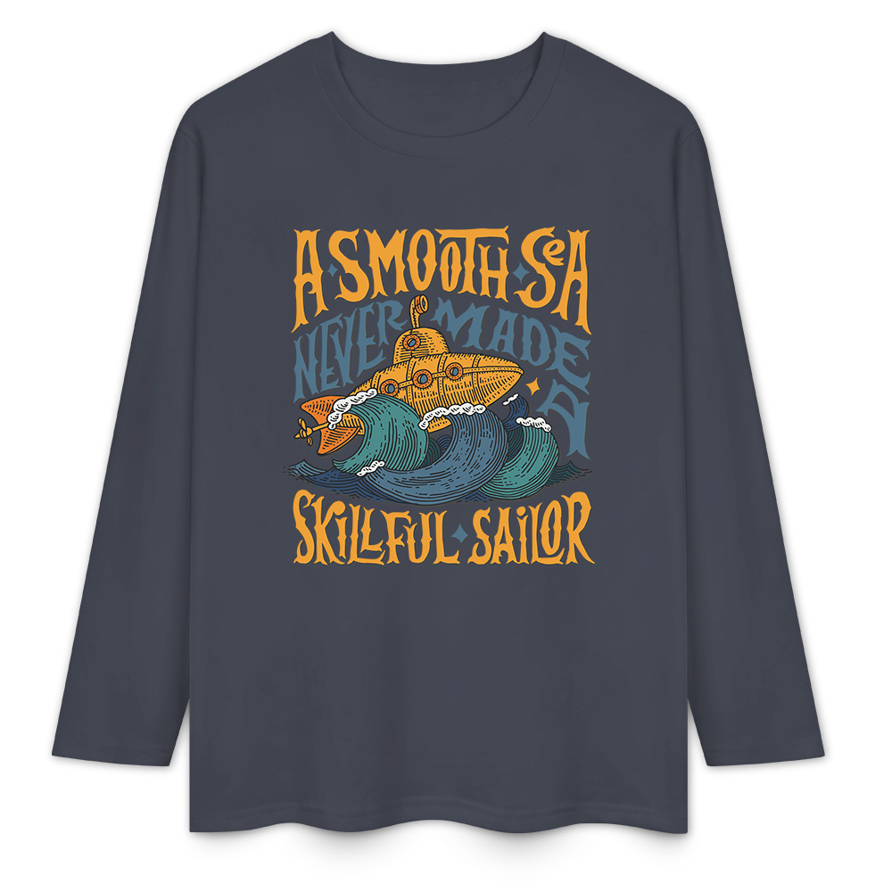 Dark blue pure cotton long sleeve T-shirt featuring 'A SMOOTH SHAKER' graphic, casual wear