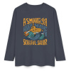 Dark blue pure cotton long sleeve T-shirt featuring 'A SMOOTH SHAKER' graphic, casual wear